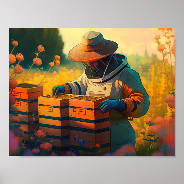 Beekeeper in sunny garden poster (Front)