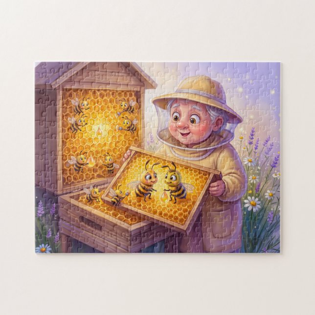 Beekeeper inspecting honeycombs in cheerful comic  jigsaw puzzle (Horizontal)
