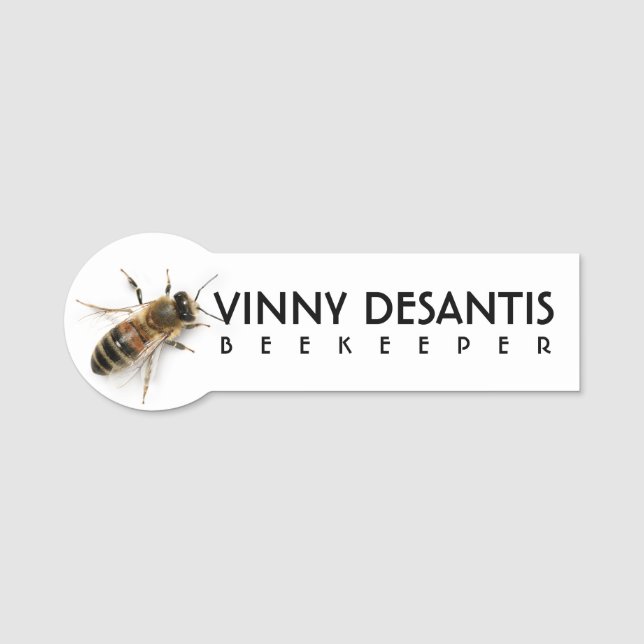BEEKEEPER NAME BADGE with honeybee bee photo (Front)