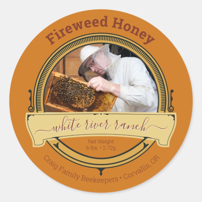 Beekeeper Photo Amber Large Honey Stickers (Front)