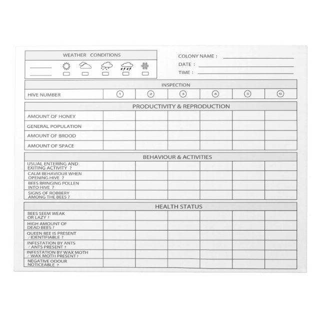 beekeeping log - Honey Bee Farming Tracker Notepad (Front)