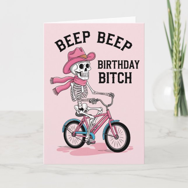 Beep Beep Birthday Funny Pink Skeleton Bike Card (Front)