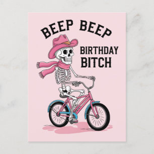 Beep Beep Birthday Funny Pink Skeleton Bike Postcard