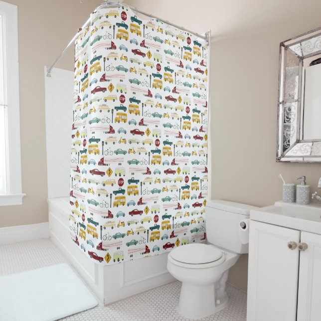 Beep Beep Cute Cars & Trucks Traffic Pattern Shower Curtain (In Situ)