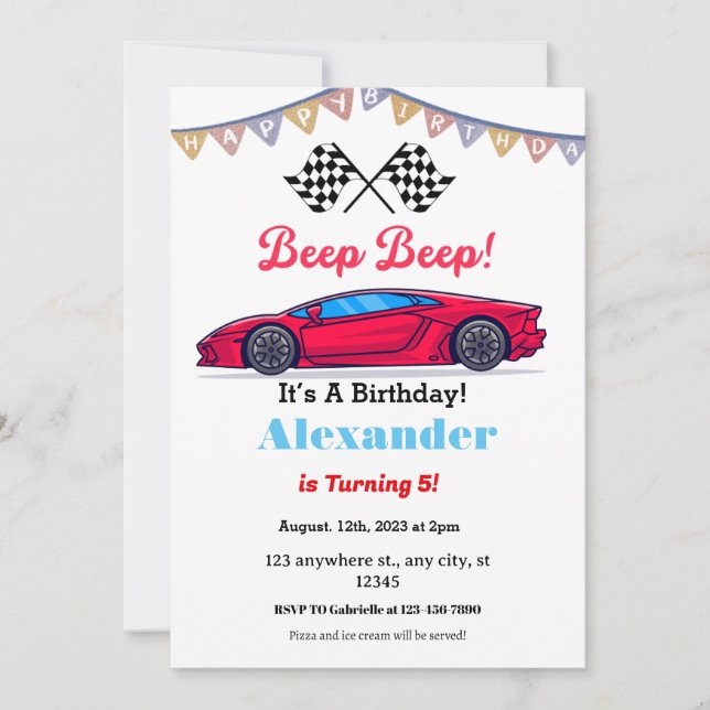 Beep Beep Red Race Car Birthday Invitation (Front)