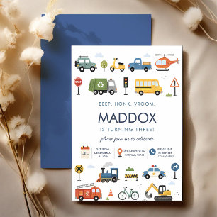 Beep Honk Vroom Vehicle 3rd Birthday Invitation