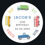 Beep screech blue truck birthday party classic round sticker<br><div class="desc">Transport theme birthday party sticker featuring a Blue truck,  garbage truck,   school bus and a fire truck.</div>