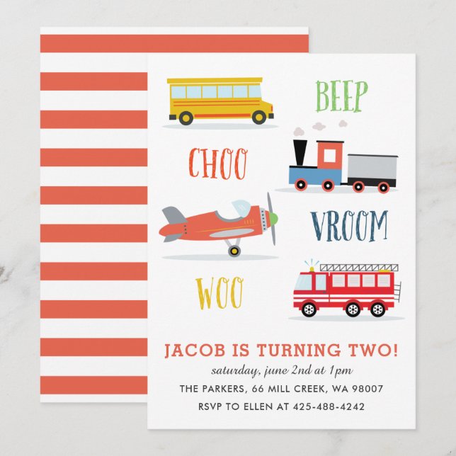 Beep Vroom Woo Kid's birthday party Red Invitation (Front/Back)