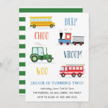 Beep Vroom Woo Tractor Kid's birthday party  Invitation<br><div class="desc">A kid's birthday party invitation featuring Train,  fire truck,  tractor and a school bus.</div>