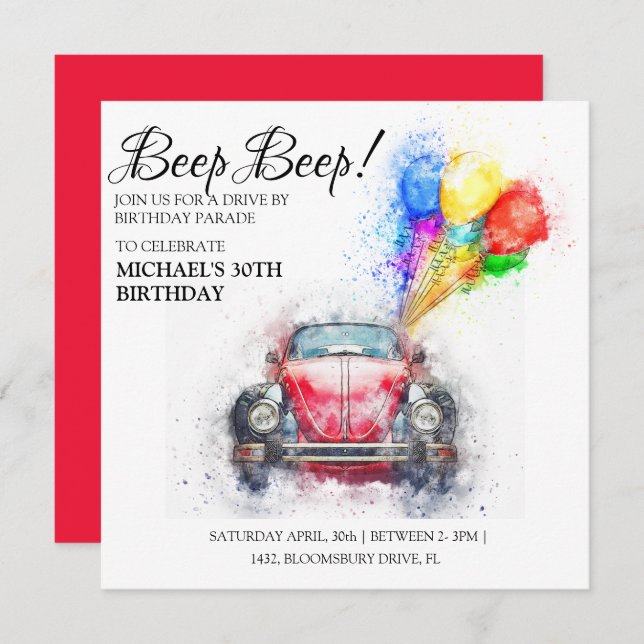 BeepBeep! Drive By Birthday Parade Invitation (Front/Back)
