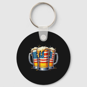 Beer American Flag 4th Of July Men Women Drinking Key Ring
