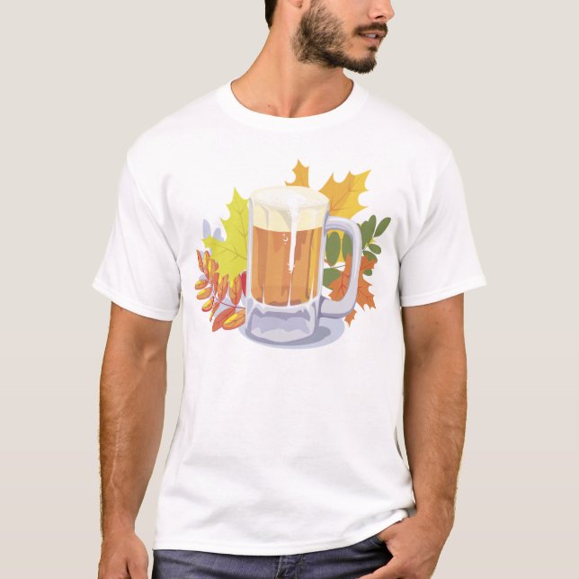 Beer and Autumn Leaves Oktoberfest T-Shirt (Front)