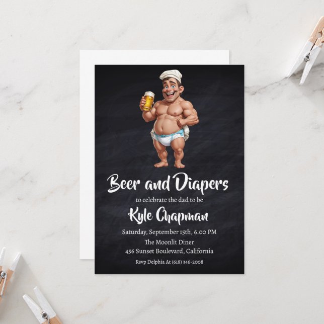 beer and diapers men's diaper party invitations (Front/Back In Situ)