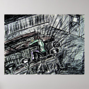 Beer and Empty Bar Stools charcoal drawing Poster