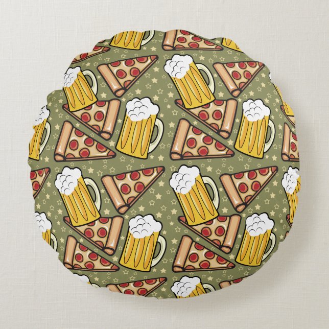 Beer and Pizza Graphic Pattern Round Cushion (Front)