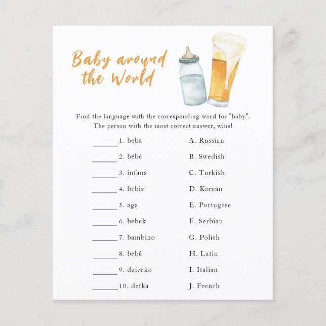 Beer baby shower - Baby around the world game (Front)