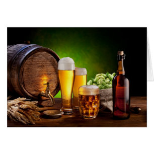 Beer barrel with beer glasses on a wooden table