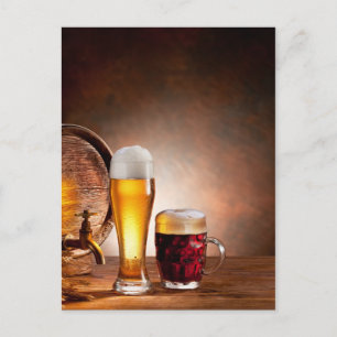 Beer barrel with beer glasses on a wooden table 2 postcard