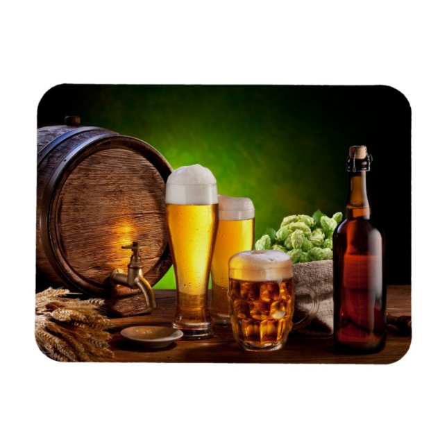 Beer barrel with beer glasses on a wooden table magnet (Horizontal)