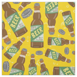 Beer Bottle and Caps Pattern with Bubbles Retro Fabric