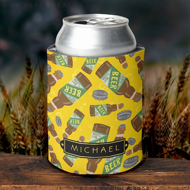 Beer Bottle Pattern with Bubbles Retro with Name Can Cooler (Creator Uploaded)