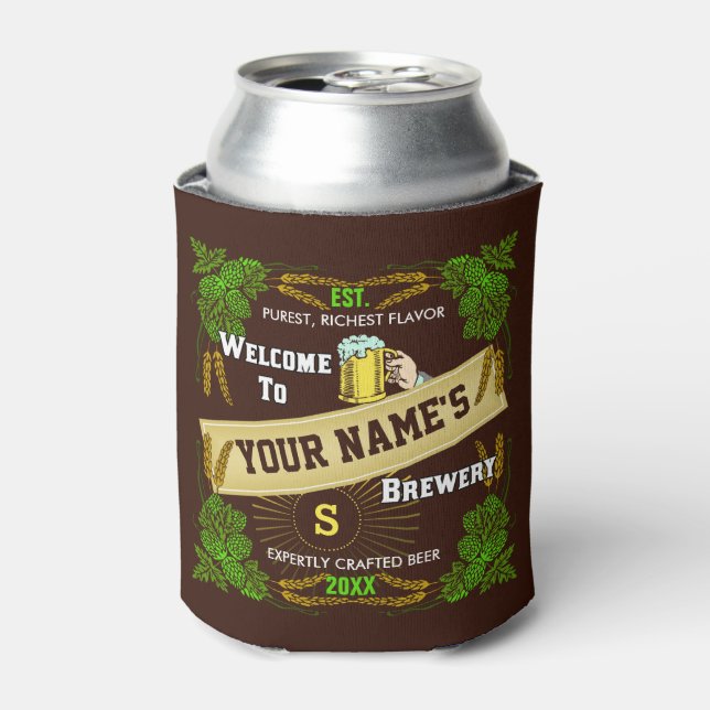 Beer Brewery Hops and Barley Welcome: Personalised Can Cooler (Can Front)