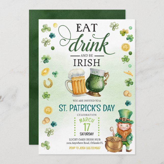 Beer & Brews St. Patricks Day Green Leprechaun Invitation (Front/Back)