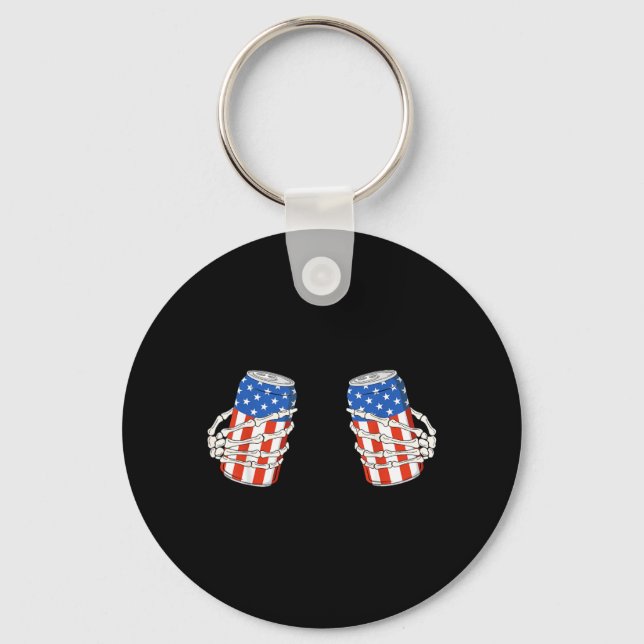Beer Can Skeleton Hand Funny 4th of July American Key Ring (Front)