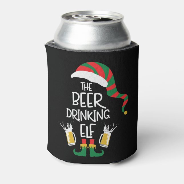Beer Christmas Elf Funny Typography Holiday Can Cooler (Can Back)