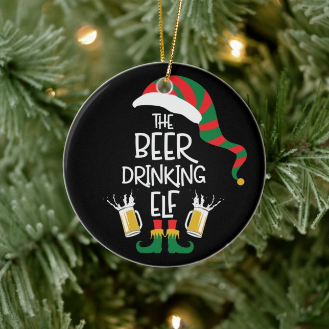 Beer Christmas Elf Funny Typography Holiday Ceramic Ornament (Tree)