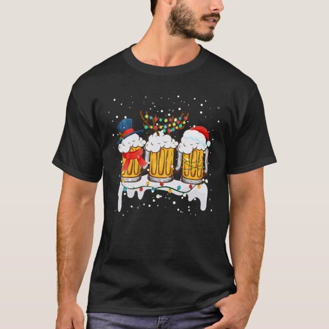 Beer Christmas Mug Santa Reinbeer Xmas lights Gift T-Shirt (Front)