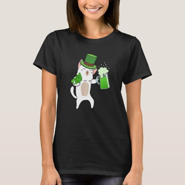 Beer Drinking Cat Shamrock Men Women St Patrick's  T-Shirt (Front)
