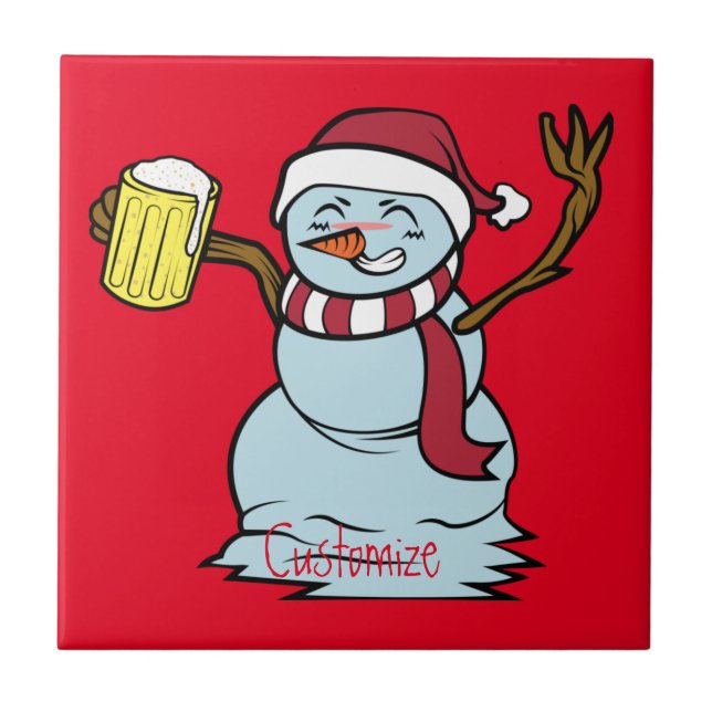 Beer-drinking Drunk Snowman Thunder_Cove Ceramic Tile (Front)