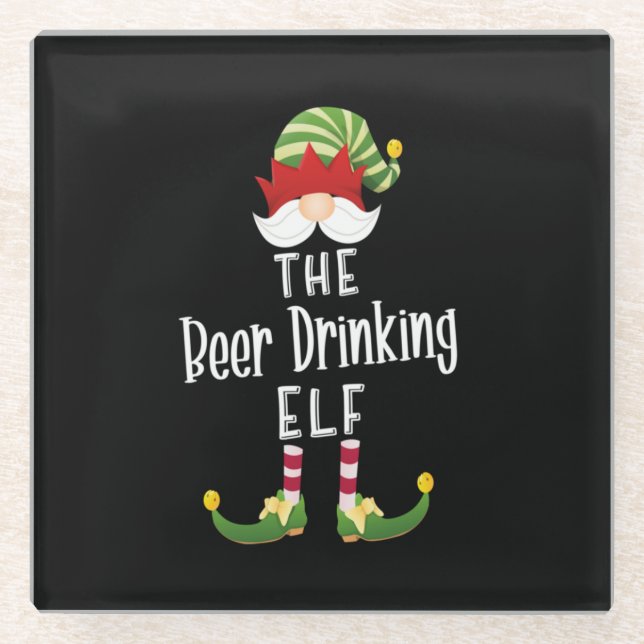 Beer Drinking Elf Group Christmas Birthday Glass Coaster (Front)