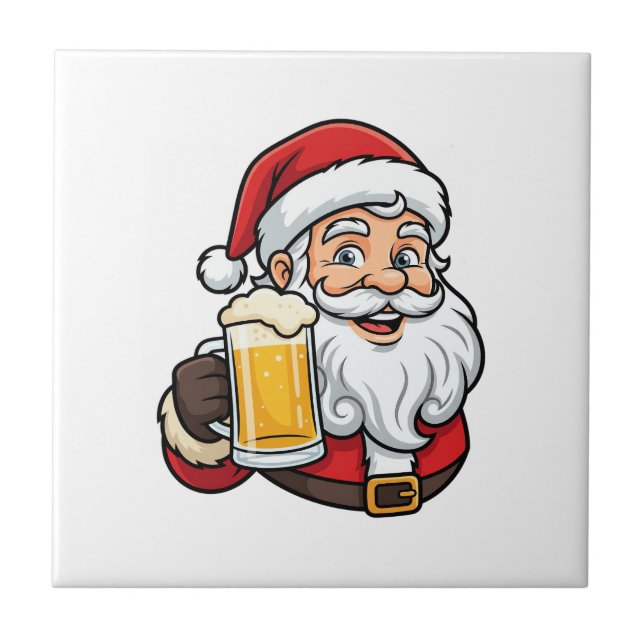 Beer Drinking Santa Claus Christmas Graphic Ceramic Tile (Front)