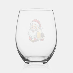 Beer Drinking Santa Claus Christmas Graphic Stemless Wine Glass