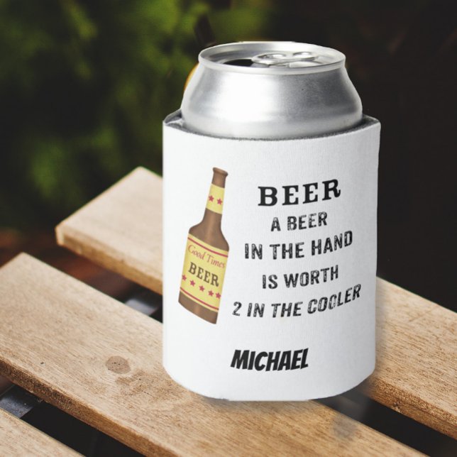 Beer Funny Saying Beer in hand Name Personalised Can Cooler (Creator Uploaded)