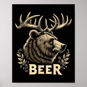 Beer Funny Vintage Design Bear With Deer Antlers F Poster