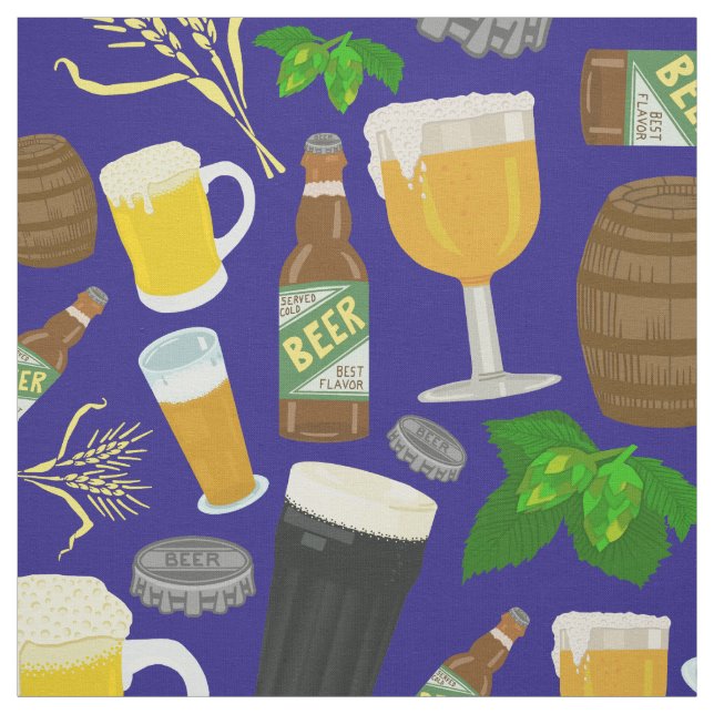 Beer Glass Bottle Hops and Barley Pattern Blue Fabric (Swatch)