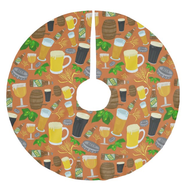 Beer Glass Bottle Hops and Barley Pattern Brushed Polyester Tree Skirt (Front)