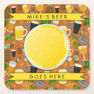 Beer Glass Bottle Hops and Barley Pattern Custom Square Paper Coaster