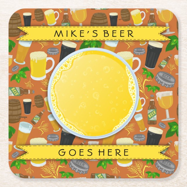 Beer Glass Bottle Hops and Barley Pattern Custom Square Paper Coaster (Front)