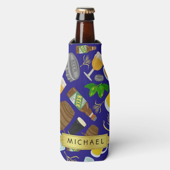 Beer Glass Bottle Hops and Barley Pattern Name Cooler (Bottle Front)