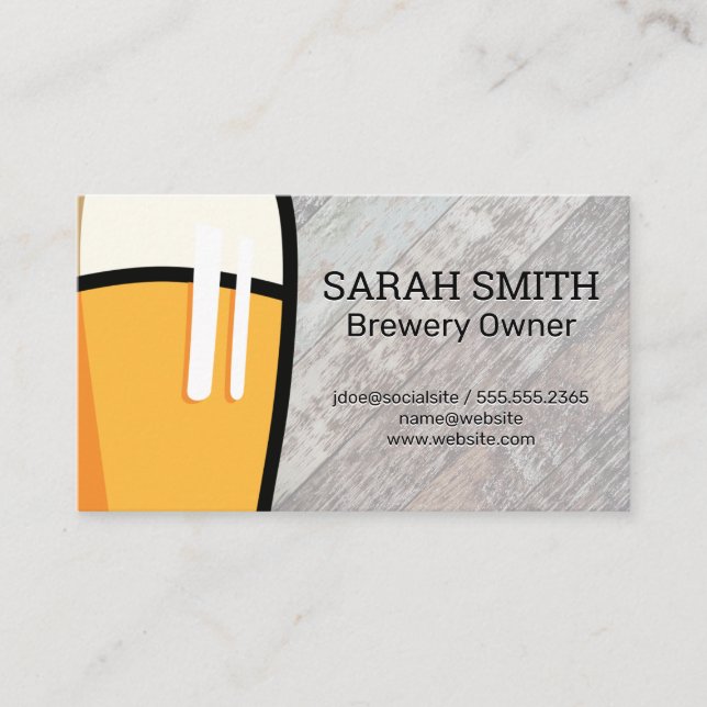 Beer Glass | Wooden Boards Background Business Card (Front)