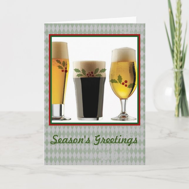 Beer Glasses & Holly Seasons Greetings Holiday Card (Front)