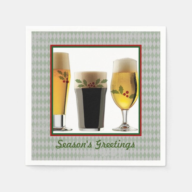 Beer Glasses & Holly Seasons Greetings Napkin (Front)
