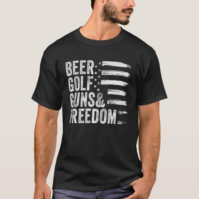 Beer Golf Guns Freedom Veteran American Flag Vinta T-Shirt (Front)