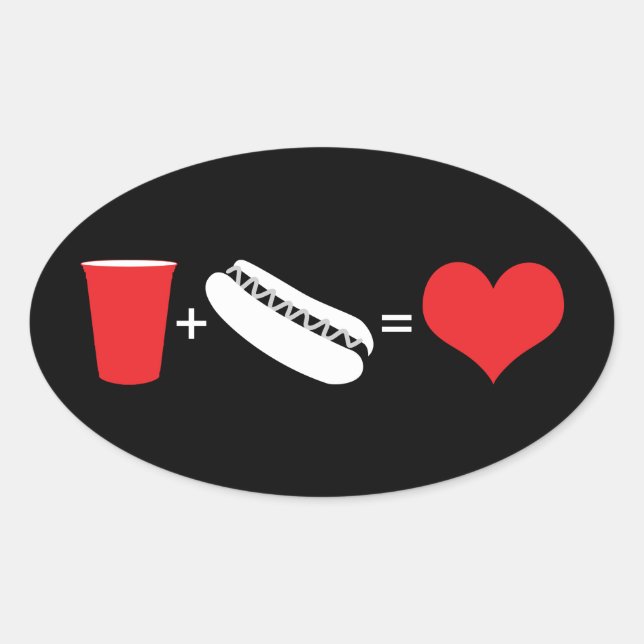 beer + hot dogs = love oval sticker (Front)