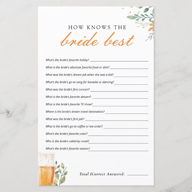 Beer Love is Brewing Who Knows the Bride Best Game (Front)