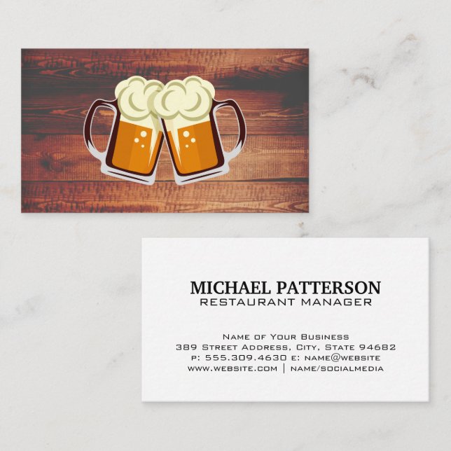 Beer Mugs Cheers Clink | Wood Business Card (Front/Back)